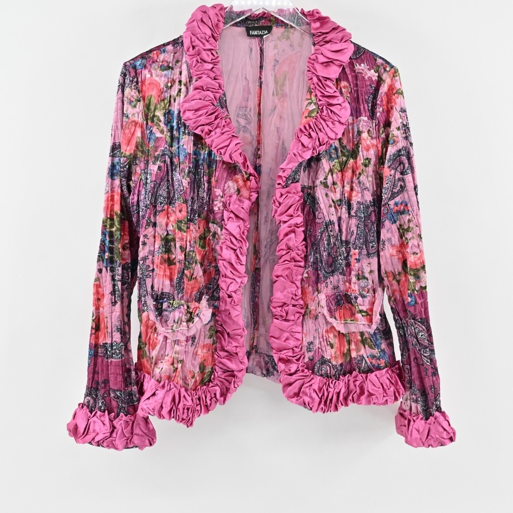 Vtg FANTAZIA Womens Velvet Jacket Size M Pink Floral Paisley Crinkle Ruffle Y2k - Picture 1 of 11